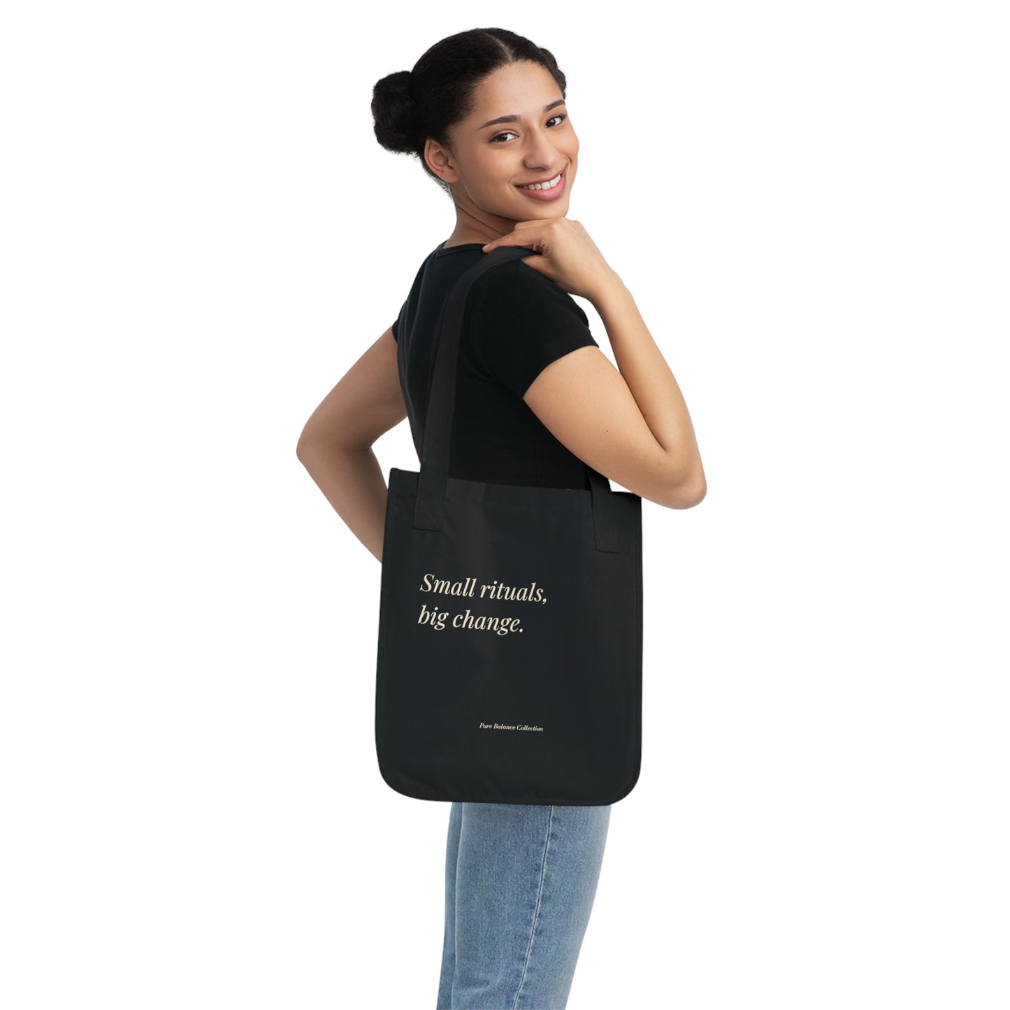 The Balanced Edit Black Canvas Tote – “Small Rituals, Big Change” Everyday Bag