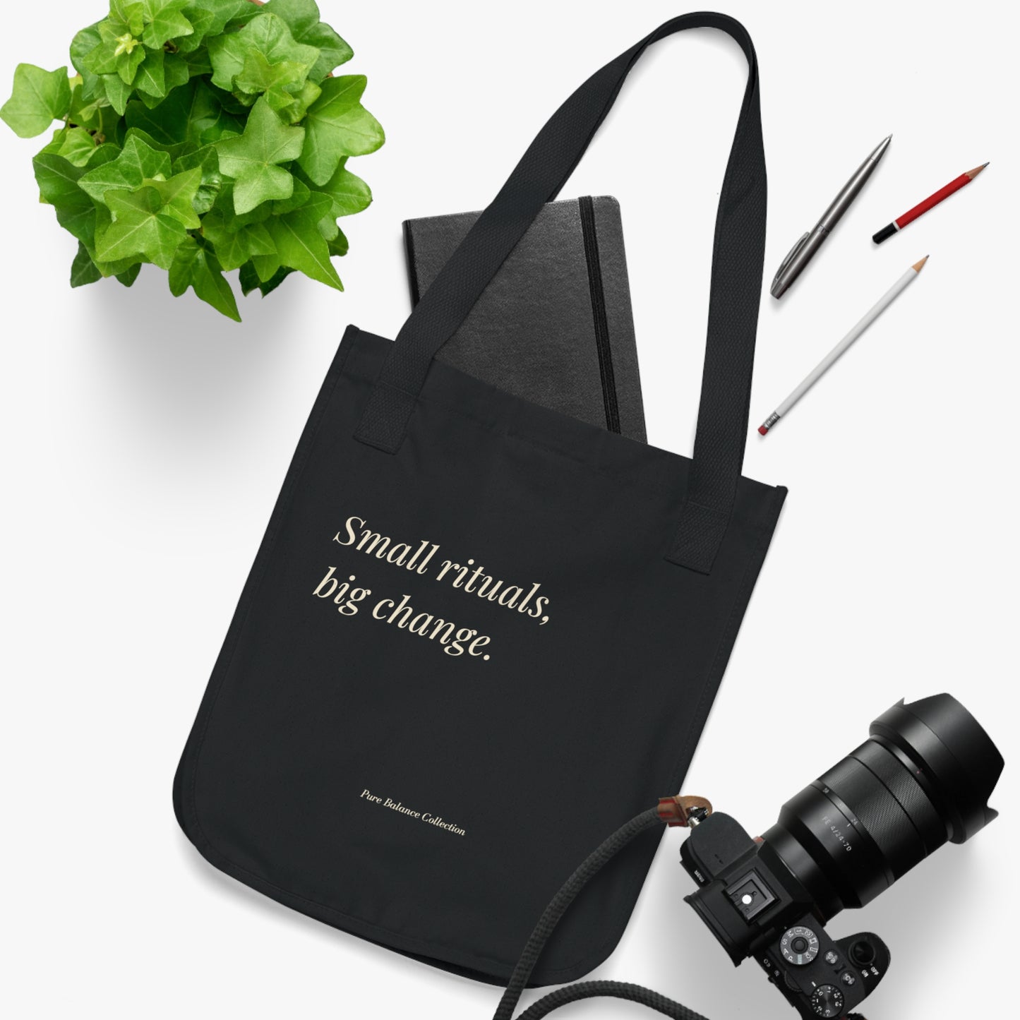 The Balanced Edit Black Canvas Tote – “Small Rituals, Big Change” Everyday Bag